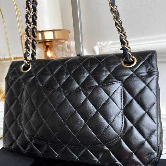 Authentic Chanel Double Flap Classic Medium Lambskin Black Shoulder Bag B0820 - Picture 9 of 16